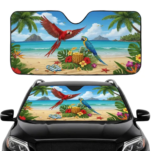 Red Blue Macaw Parrots Tropical Beach Ocean Scene Palm Trees - Summer Vacation Gift Car Sunshade