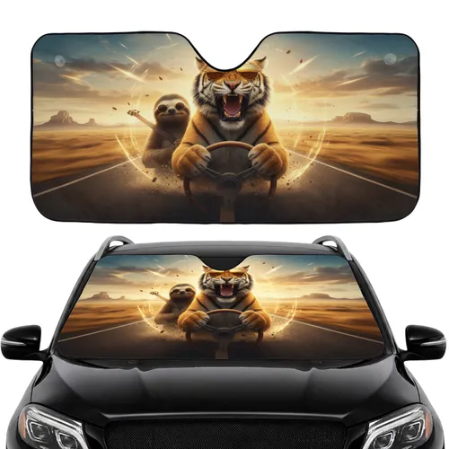 Roaring Tiger Sloth Gold Sunglasses Highway Speed Lines - Wildlife Lover Gift Car Sunshade