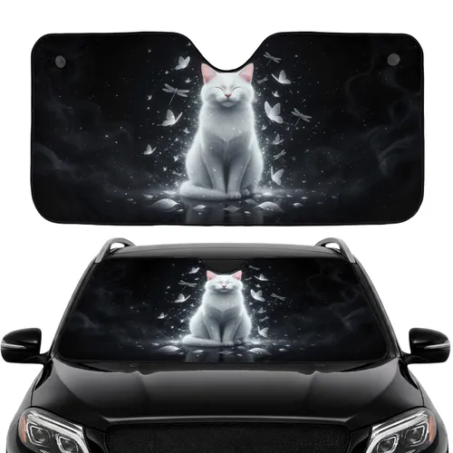 Serene Glowing White Cat Ethereal Butterflies & Dragonflies - Cat Lover Gift Car Sunshade