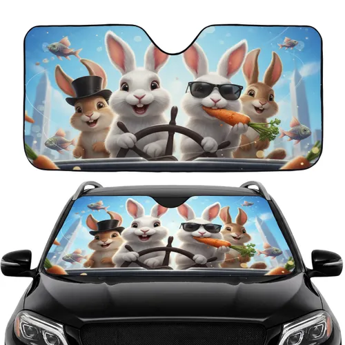 Rabbits Steering Carrots Flying Fish City Skyline - Animal Lover Road Trip Essentials Car Sunshade