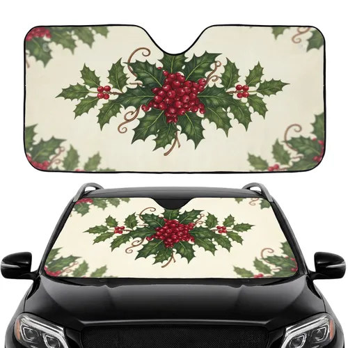 Red Holly Berries Deep Green Spiky Leaves Brown Stems - Christmas Holiday Decor Gift Car Sunshade