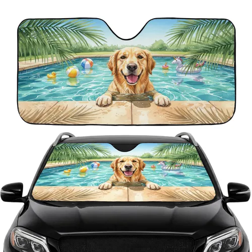 Golden Retriever Dog Pool Tropical Scene - Summer Lifestyle Dog Lover Gift Car Sunshade