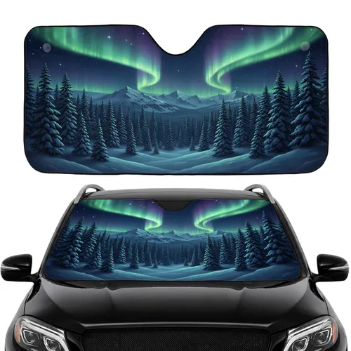 Aurora Borealis Winter Forest Mountain Stars - Nature Lover Gift for Outdoor Enthusiast Car Sunshade