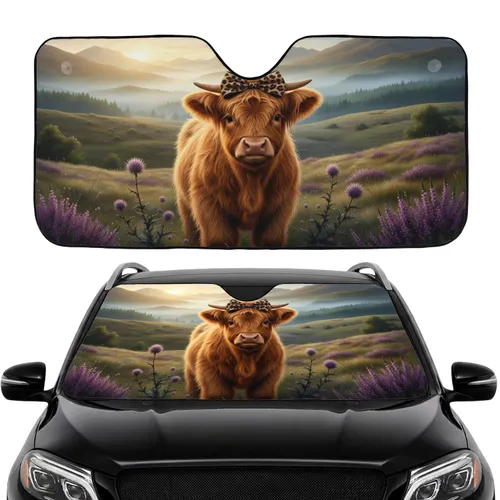 Highland Cow Calf Leopard Bow Scottish Highlands Mist - Farmhouse Decor Gift for Cow Lover Car Sunshade