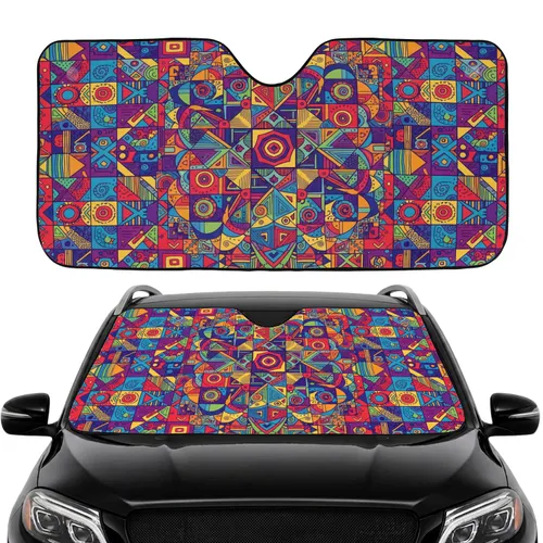 Polygons Organic Forms Tribal Tapestry - Travel Essentials Gift for Road Trips and Daily Commute Car Sunshade