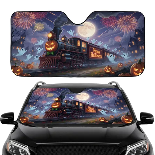 Festive Halloween Steam Train Jack-o'-Lantern Ghosts - Mystic Night Holiday Decor Car Sunshade
