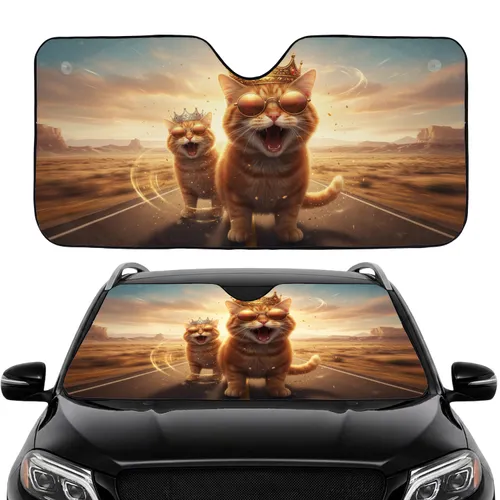 Majestic Orange Tabby Cats Sunglasses Crowns Road Trip - Golden Hour Adventure Car Sunshade