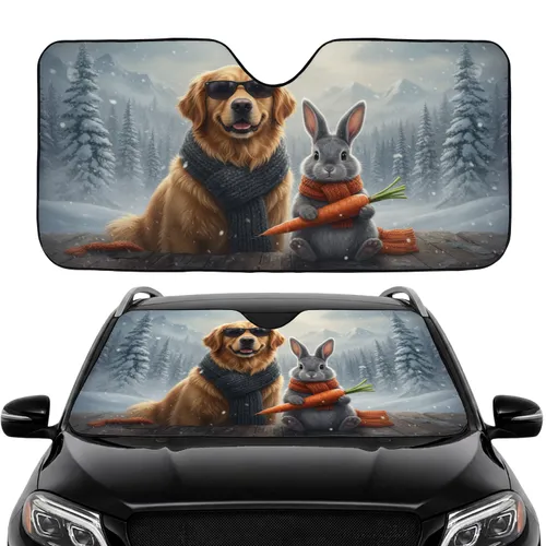 Golden Retriever Rabbit Sunglasses Snow Forest - Animal Lover Winter Gift Car Sunshade