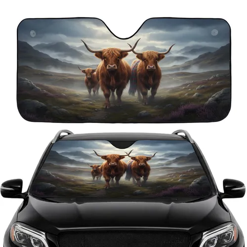Highland Cattle Family Scottish Highlands Landscape - Wildlife Lover Gift for Cow Lover Car Sunshade