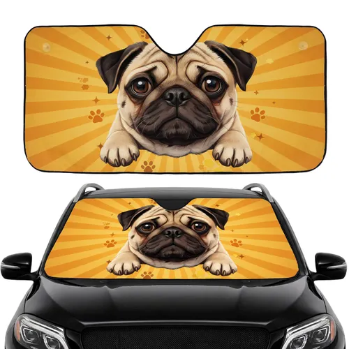 Expressive Pug Face Paws Golden Orange Sunburst Paw Prints Stars - Dog Lover Gift Car Sunshade
