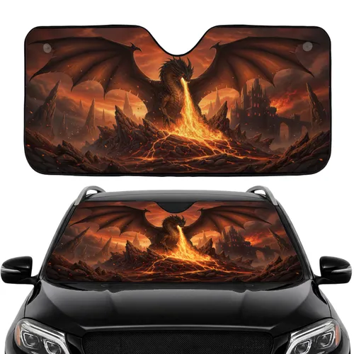 Dragon with Leathery Wings Fire Breathing Volcano Rock Castle Scene - Adventure Lover Gift Car Sunshade