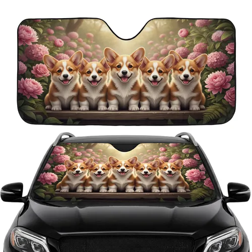 Smiling Corgi Puppies Wooden Ledge Garden Flowers - Dog Lover Lifestyle Gift Car Sunshade