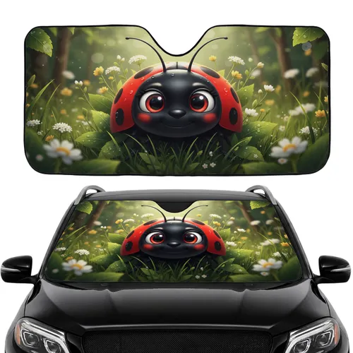 Red Spotted Ladybug Dewdrop Green Leaves Wildflower Meadow - Garden Lover Decor Gift Car Sunshade