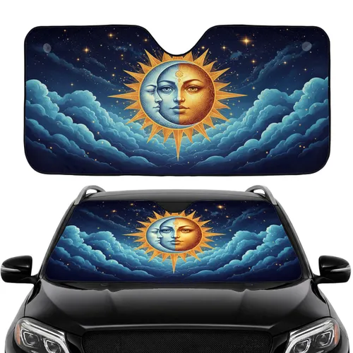 Mystical Sun Moon Face Golden Rays Celestial Night Sky Stars - Stargazer Decor Gift Car Sunshade