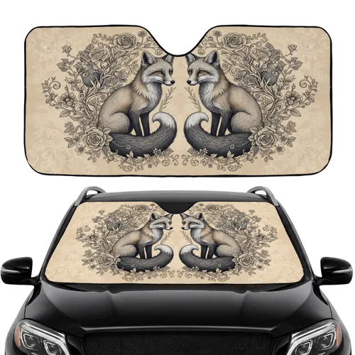 Realistic Mirrored Foxes Wild Roses Etched Floral Botanical - Wildlife Lover Gift Car Sunshade