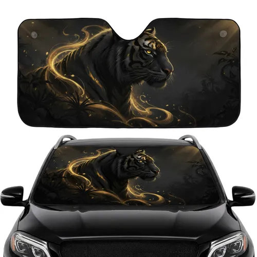 Majestic Deep Black Golden Striped Tiger Head Jungle Foliage - Wildlife Lover Gift Car Sunshade