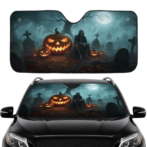 Jack-o'-lantern Skeleton Graveyard Full Moon - Spooky Halloween Fall Scene Car Sunshade