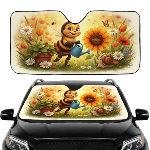 Cheerful Honeybee Sunflower Snail Garden Flowers Blue Watering Can - Car Decor Gift for Garden Lover Car Sunshade