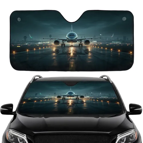 Airplane Landing Lights Wet Tarmac Runway Reflections Night - Aviation Enthusiast Gift Car Sunshade