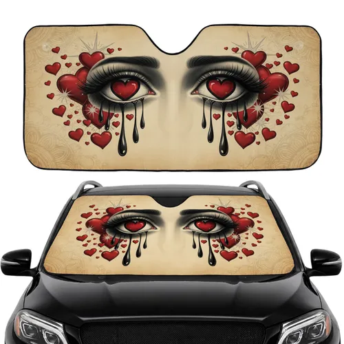 Red Heart Eyes Black Teardrops Floating Hearts Starbursts - Ornate Traditional Tattoo Art Lover Gift Car Sunshade