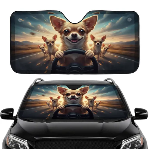 Chihuahua Dogs Driving Steering Wheel - Road Trip Adventure Pet Owner Gift Car Sunshade
