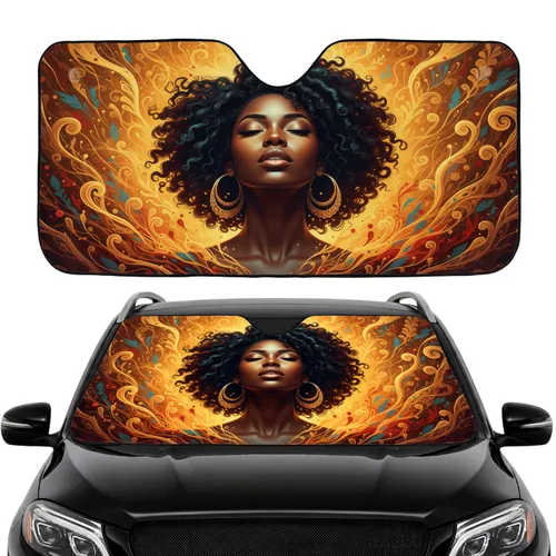 Black Woman Curly Hair Hoop Earrings Organic Forms - Travel Essentials Gift for Her Car Sunshade