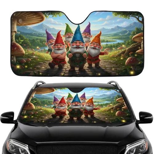 Six Garden Gnomes Adventure Winding Paths Idyllic Landscape - Fantasy Lover Gift Car Sunshade