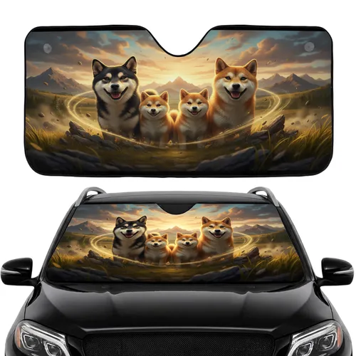 Shiba Inus Rolling Hills Mountain Landscape Glowing Clouds - Dog Lover Gift Car Sunshade