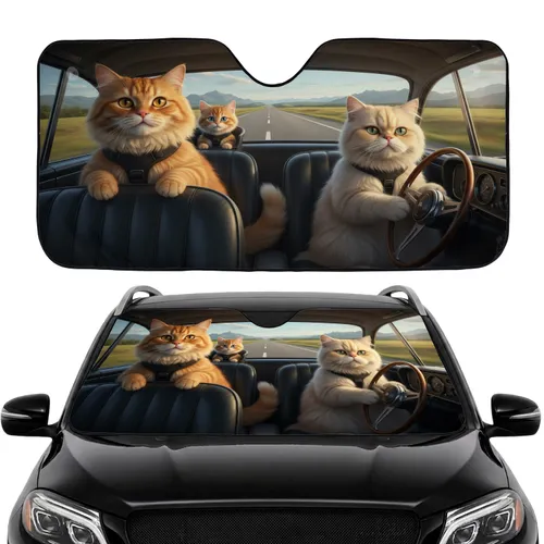 Ginger Persian Kitten Cats Driving Vintage Car Scenic Highway - Travel Lover Gift for Cat Lover Car Sunshade