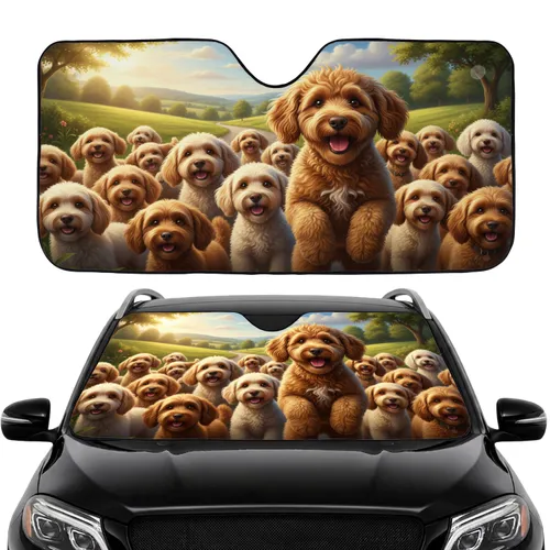 Poodle Mix Dogs Rolling Hills Country Road - Dog Lover Travel Essentials Car Sunshade