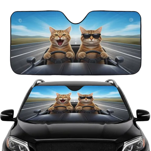 Excited Tabby Cats Driving Highway Adventure - Road Trip Cat Lover Gift Car Sunshade