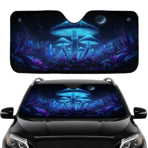 Giant Bioluminescent Mushrooms Glowing Foliage Night Sky - Fantasy Lover Gift Car Sunshade