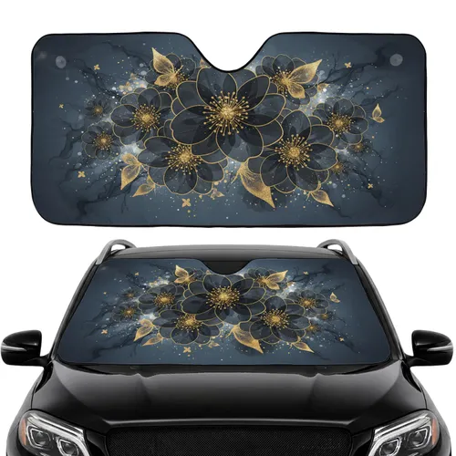 Dark Translucent Botanical Flowers Gold Glitter Golden Butterfly Forms Everyday Use Car Sunshade