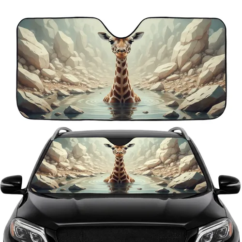 Majestic Giraffe Emerging Water Faceted Polygonal Rocks - Wildlife Lover Gift Car Sunshade