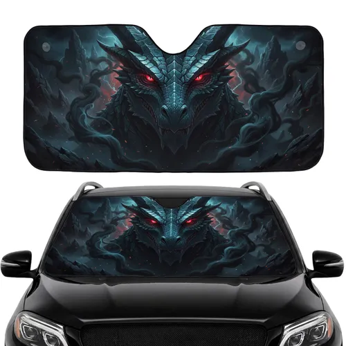 Shadowy Elemental Dragon Red Eyes Teal Scales Volcanic Rock Cosmic Abyss - Fantasy Car Decor Gift Car Sunshade