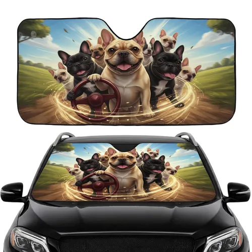 French Bulldogs Driving Steering Wheel Road Trip Adventure Dog Lover Gift Car Sunshade