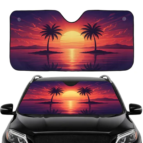 Radiant Golden Sun Tropical Ocean Towering Palm Trees Sunset Sky - Vacation Travel Essentials Car Sunshade