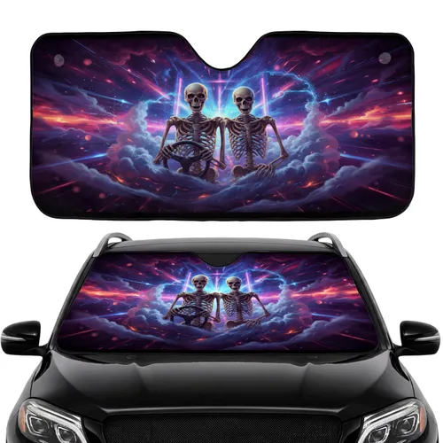 Grinning Skeletons Driving Ethereal Smoke - Gothic Cosmic Car Decor Car Sunshade