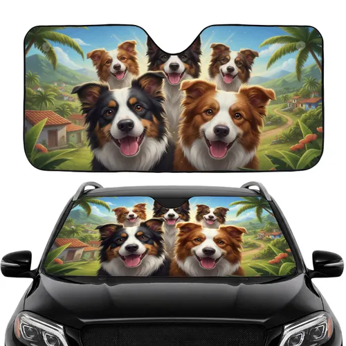 Five Happy Border Collie Dogs Tropical Village - Outdoor Adventure Gift Car Sunshade