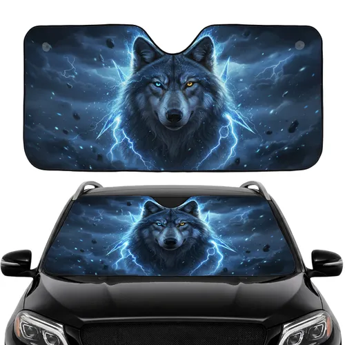 Wolf Golden Blue Eyes Electric Lightning - Wildlife Lover Gift for Nature Lover Car Sunshade