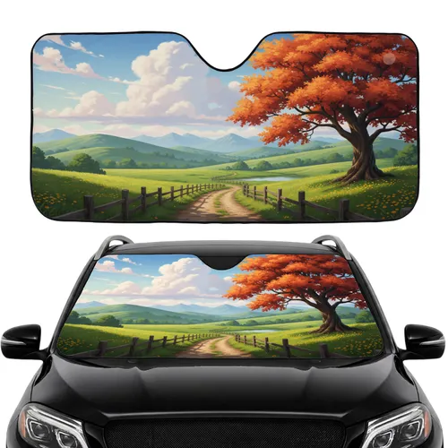 Winding Dirt Path Autumn Tree Landscape - Travel Essentials Car Sunshade