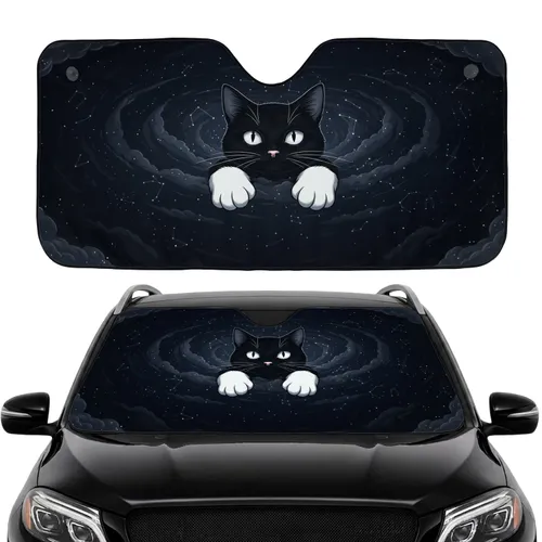 Black Cat Peeking Paws Large White Eyes Celestial Night Sky - Cat Lover Everyday Gift Car Sunshade