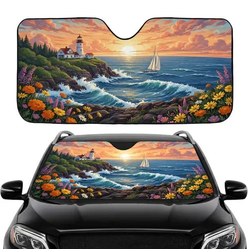 Golden Sunrise Seascape Lighthouse Sailboat Flowers - Ocean Lover Gift Car Sunshade