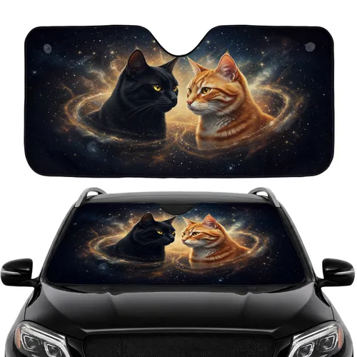 Two Black Cat Ginger Tabby Cats Golden Stardust Nebula - Cat Lover Gift Car Sunshade