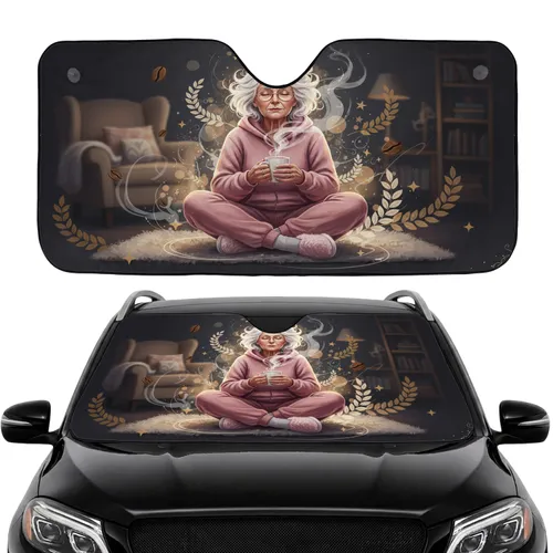 Older Woman Glasses Pink Tracksuit Steaming Coffee Mug - Pre-Dawn Morning Coffee Ritual Car Sunshade