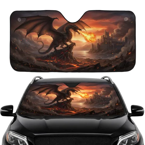 Menacing Black Dragon Fiery Castle Volcanic Landscape - Fantasy Lover Gift Car Sunshade