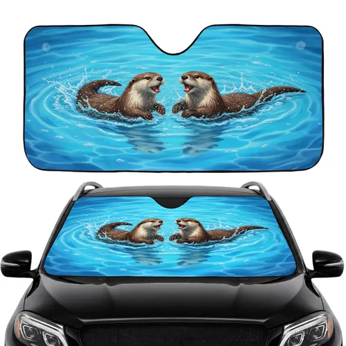 Chuckle River Otters Swimming Splashing Dynamic Blue Water - Wildlife Lover Gift Car Sunshade
