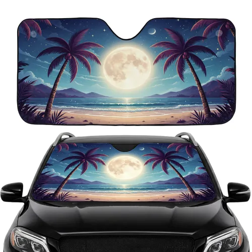 Moonlit Full Moon Tropical Palm Trees Ocean Beach - Tropical Lover Gift Car Sunshade
