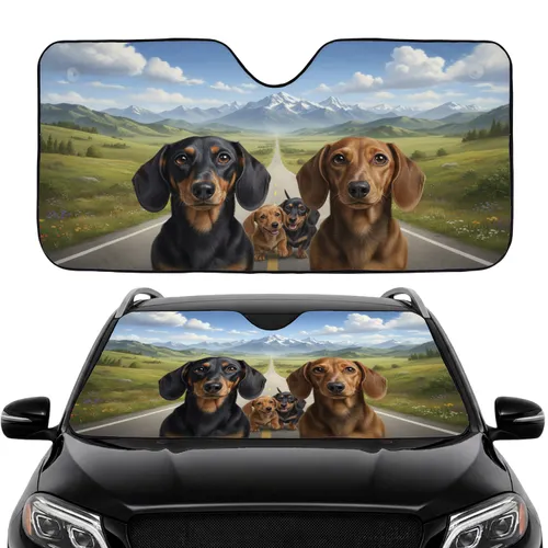 Four Dachshunds Highway Scenic Landscape - Dog Lover Adventure Travel Gift Car Sunshade