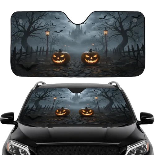 Jack-o'-lanterns Gothic Castle Bats Full Moon Autumn Leaves - Halloween Decor Car Sunshade